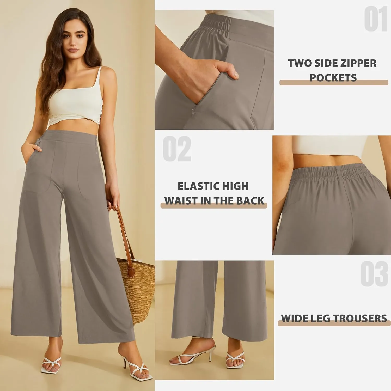 FireSwan Women's Wide Leg Work Pants High Elastic Waist Dress Palazzo Pants Trousers with Zipper Pockets
