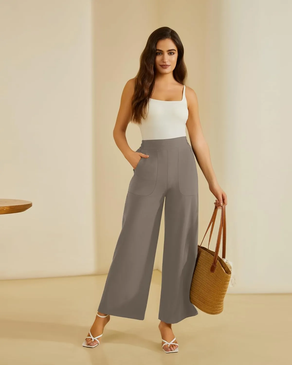 FireSwan Women's Wide Leg Work Pants High Elastic Waist Dress Palazzo Pants Trousers with Zipper Pockets