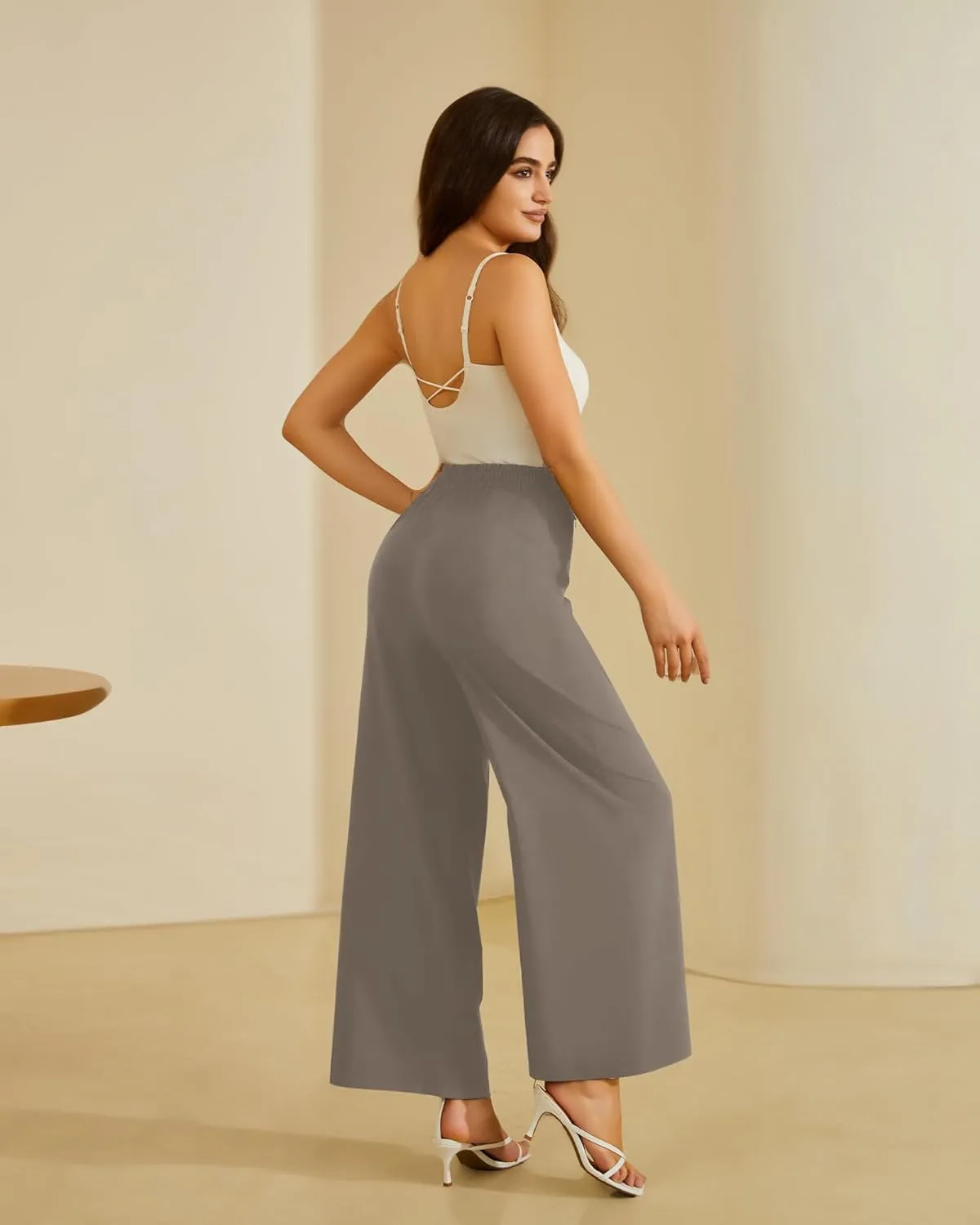 FireSwan Women's Wide Leg Work Pants High Elastic Waist Dress Palazzo Pants Trousers with Zipper Pockets