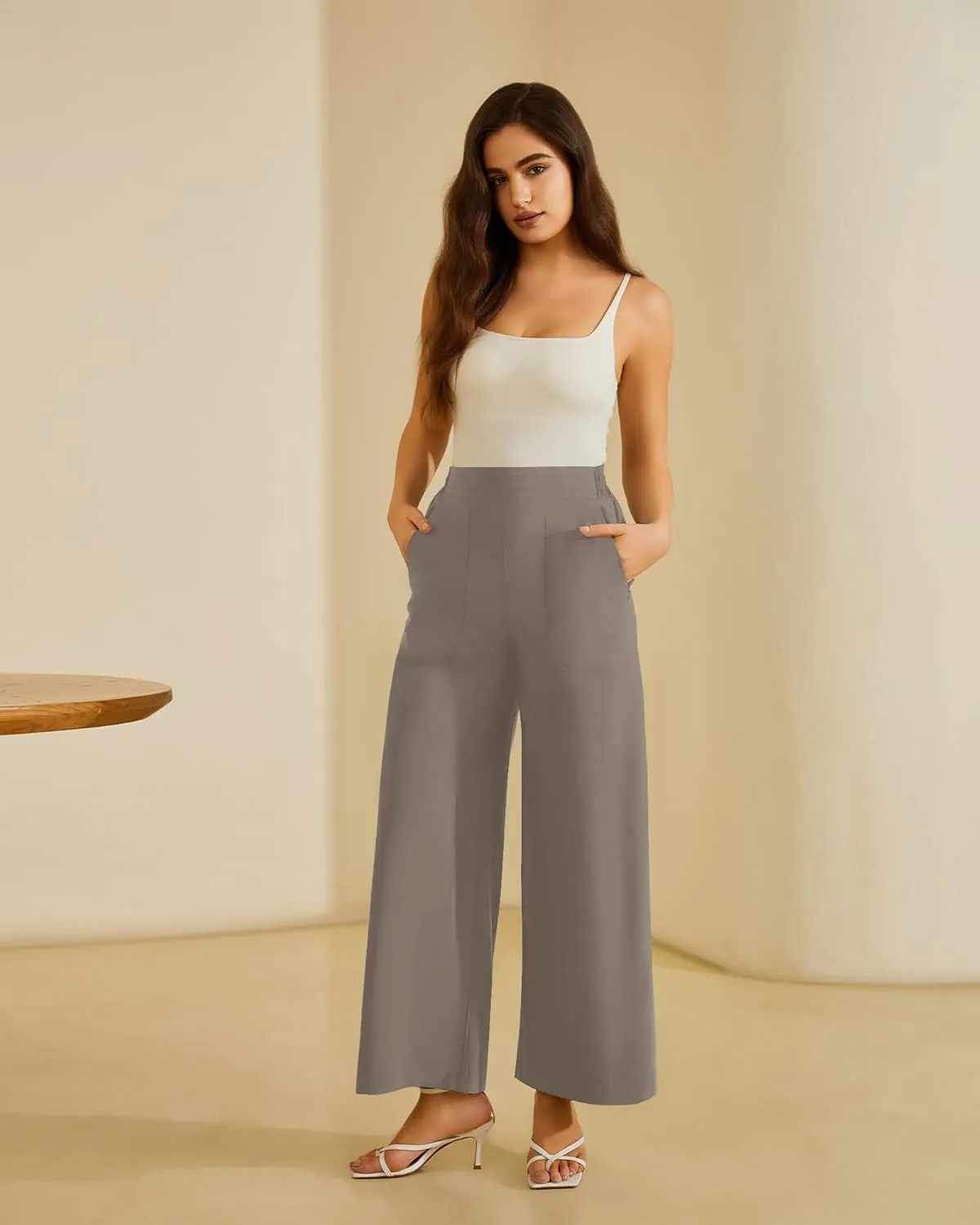 FireSwan Women's Wide Leg Work Pants High Elastic Waist Dress Palazzo Pants Trousers with Zipper Pockets