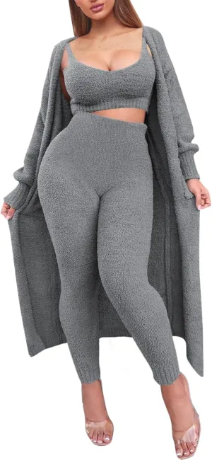 Fixmatti Women's Fuzzy Fleece 3 Piece Lounge Set Crop Tops Leggings Long Cardigan Knitted Sweatsuit Outfits