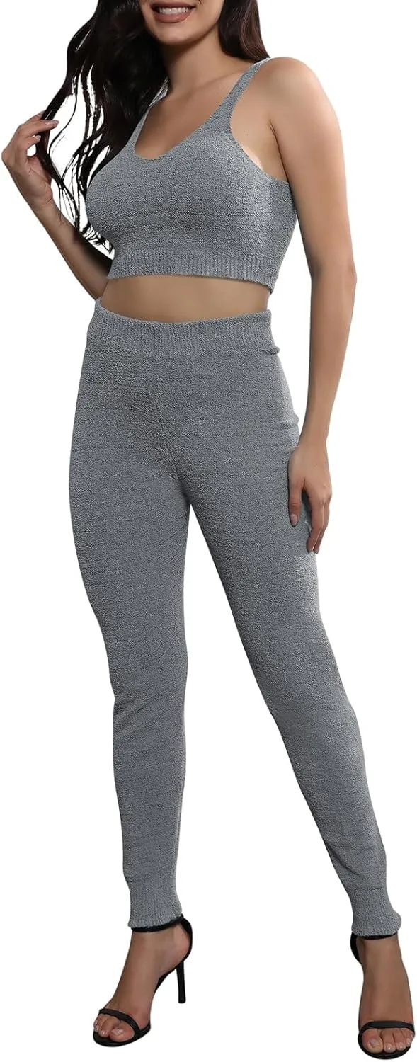 Fixmatti Women's Fuzzy Fleece 3 Piece Lounge Set Crop Tops Leggings Long Cardigan Knitted Sweatsuit Outfits