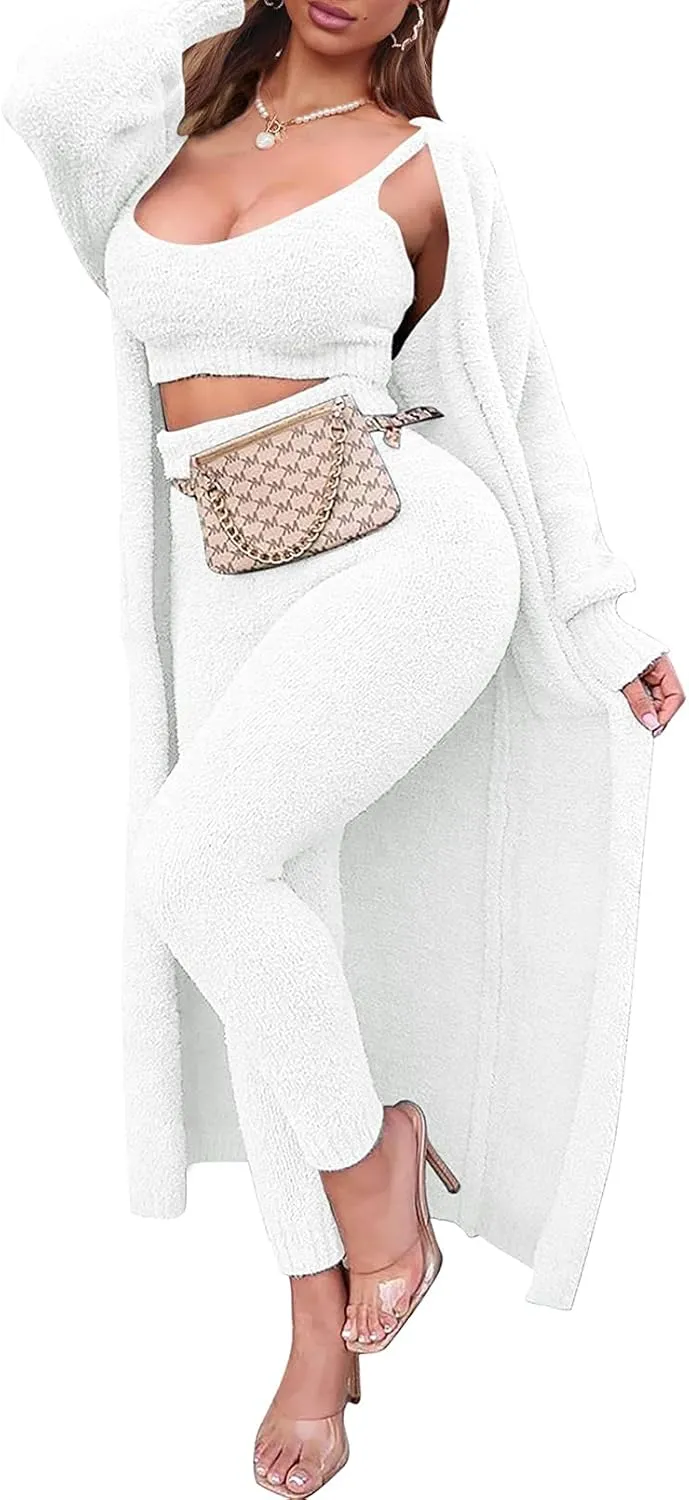 Fixmatti Women's Fuzzy Fleece 3 Piece Lounge Set Crop Tops Leggings Long Cardigan Knitted Sweatsuit Outfits