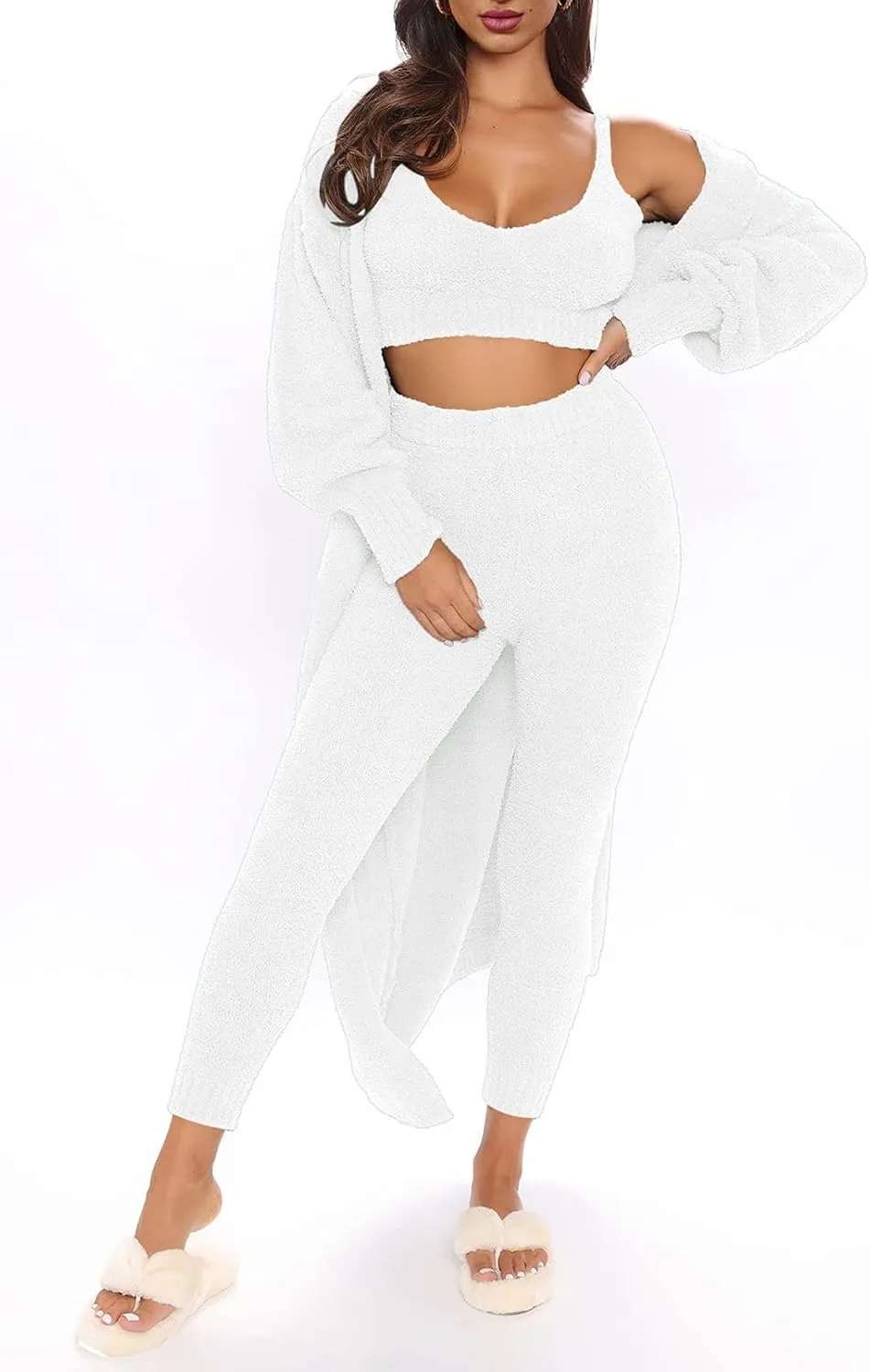 Fixmatti Women's Fuzzy Fleece 3 Piece Lounge Set Crop Tops Leggings Long Cardigan Knitted Sweatsuit Outfits