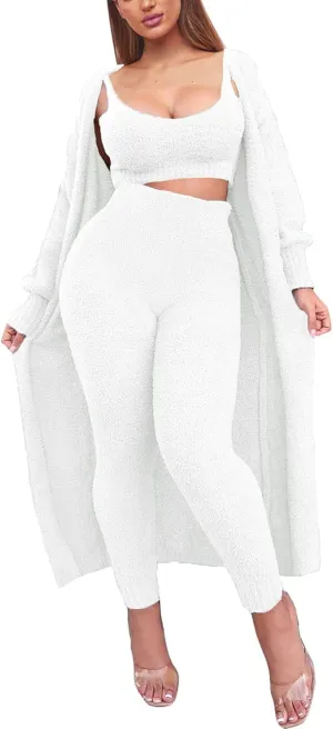 Fixmatti Women's Fuzzy Fleece 3 Piece Lounge Set Crop Tops Leggings Long Cardigan Knitted Sweatsuit Outfits