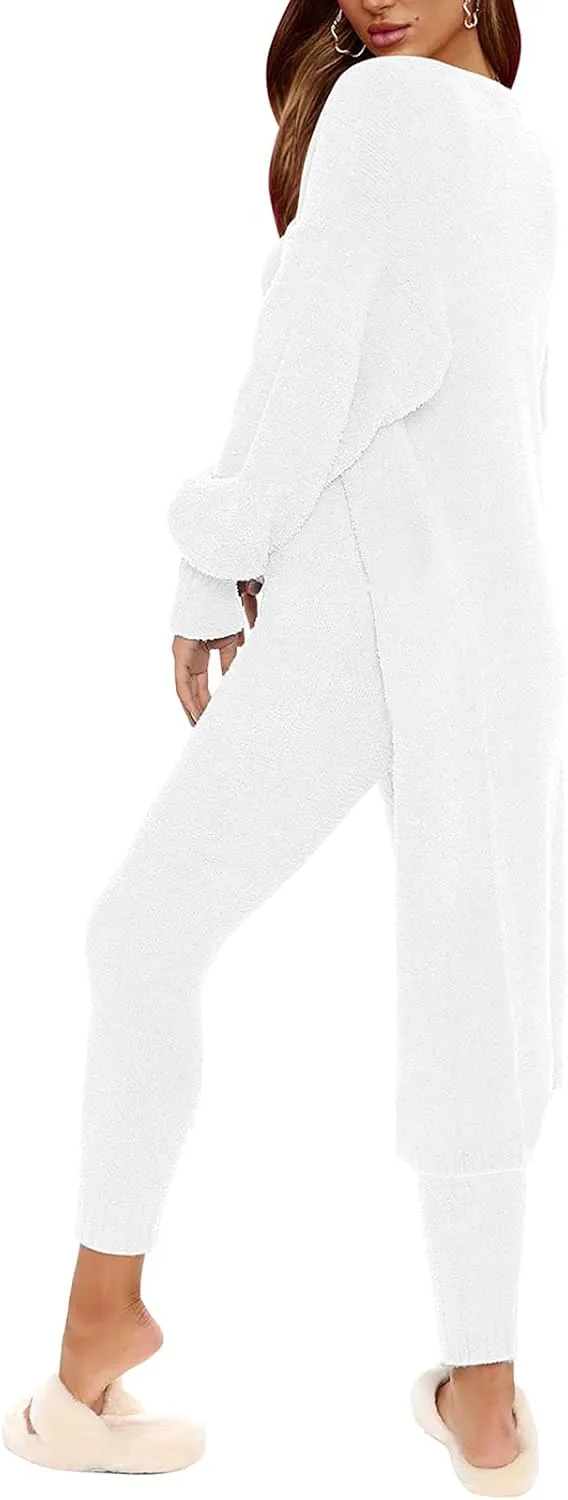 Fixmatti Women's Fuzzy Fleece 3 Piece Lounge Set Crop Tops Leggings Long Cardigan Knitted Sweatsuit Outfits