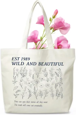 Floral Canvas Tote Bag, Wildflowers Aesthetic Shopping Grocery Bag, Christian Beach Bag Gifts For Women Lady Sisters Friends Family, Spring Summer Party Reusable Grocery Bag, 11