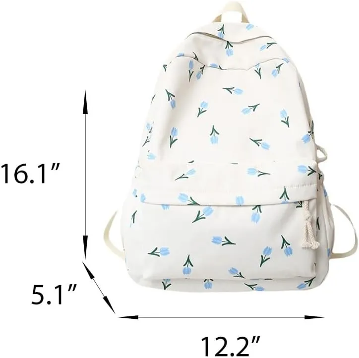 Floral Print Backpack for Women Trendy Cute Kawaii Laptop Backpack Coquette Aesthetic Backpack Casual Travel Daypack (Blue Tulip)