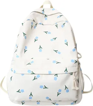 Floral Print Backpack for Women Trendy Cute Kawaii Laptop Backpack Coquette Aesthetic Backpack Casual Travel Daypack (Blue Tulip)