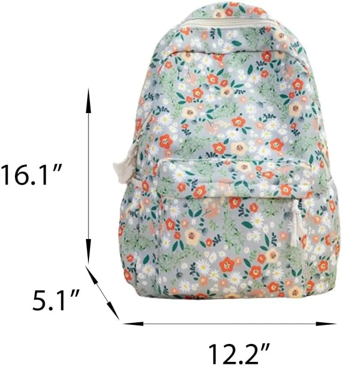 Floral Print Backpack for Women Trendy Cute Kawaii Laptop Backpack Coquette Aesthetic Backpack Casual Travel Daypack (Green)
