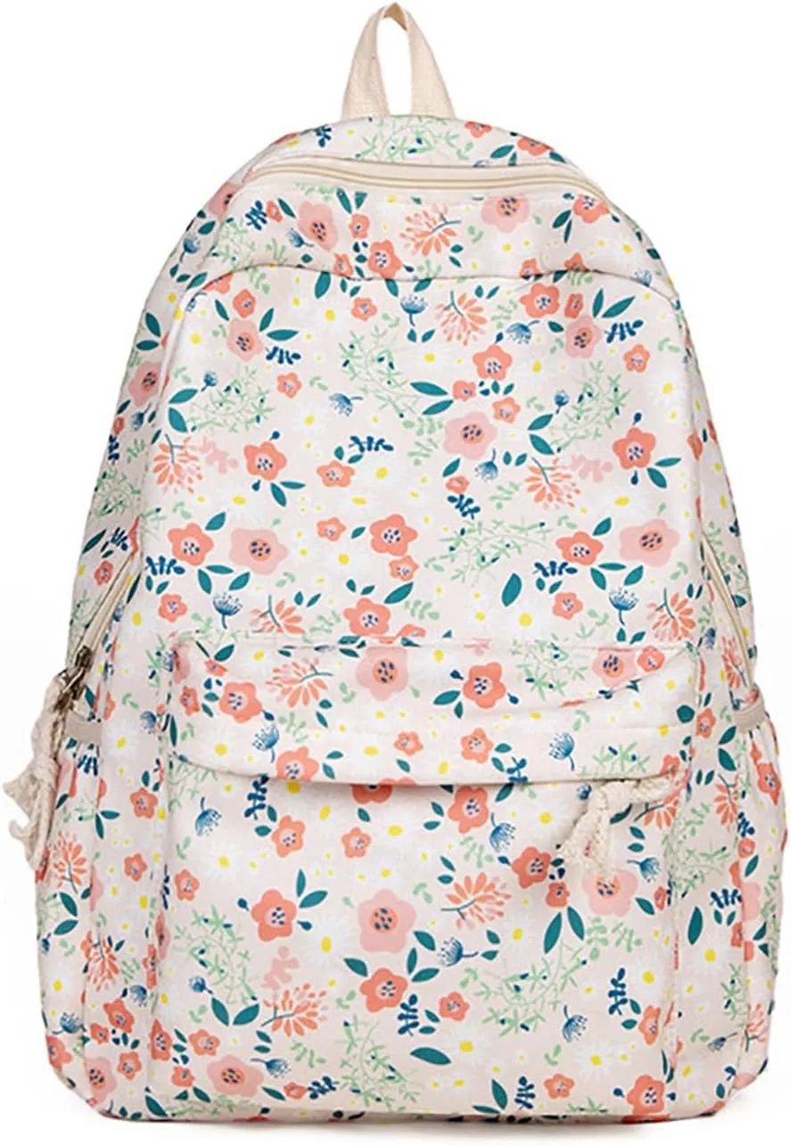 Floral Print Backpack for Women Trendy Cute Kawaii Laptop Backpack Coquette Aesthetic Backpack Casual Travel Daypack (White)