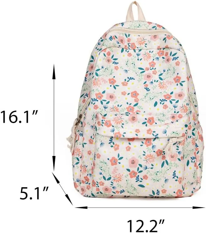 Floral Print Backpack for Women Trendy Cute Kawaii Laptop Backpack Coquette Aesthetic Backpack Casual Travel Daypack (White)