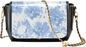 Floral Tie Dye Bloom Blue Leather Shoulder Bags Black Crossbody Bags for Women Clutch Satchel with Chain Strap