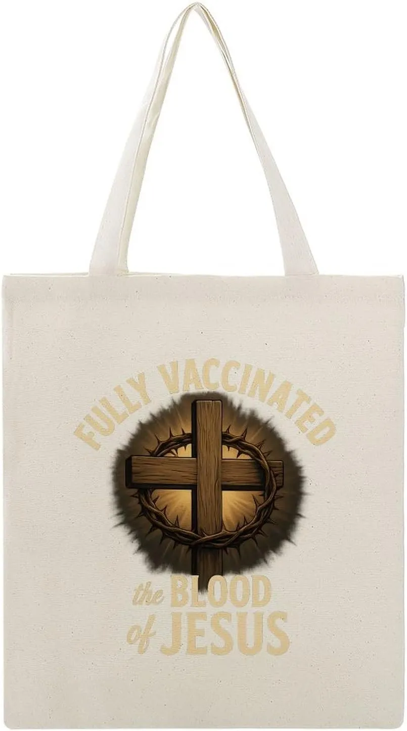 Fully Vaccinated by The Blood of Jesus,Christian Cross Canvas Tote Bag Reusable Shopping Bag
