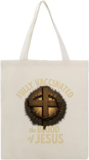 Fully Vaccinated by The Blood of Jesus,Christian Cross Canvas Tote Bag Reusable Shopping Bag