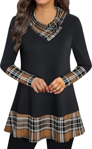 Gaharu Women's Long Sleeve Button Cowl Neck Floral Printed Casual Tunic Tops