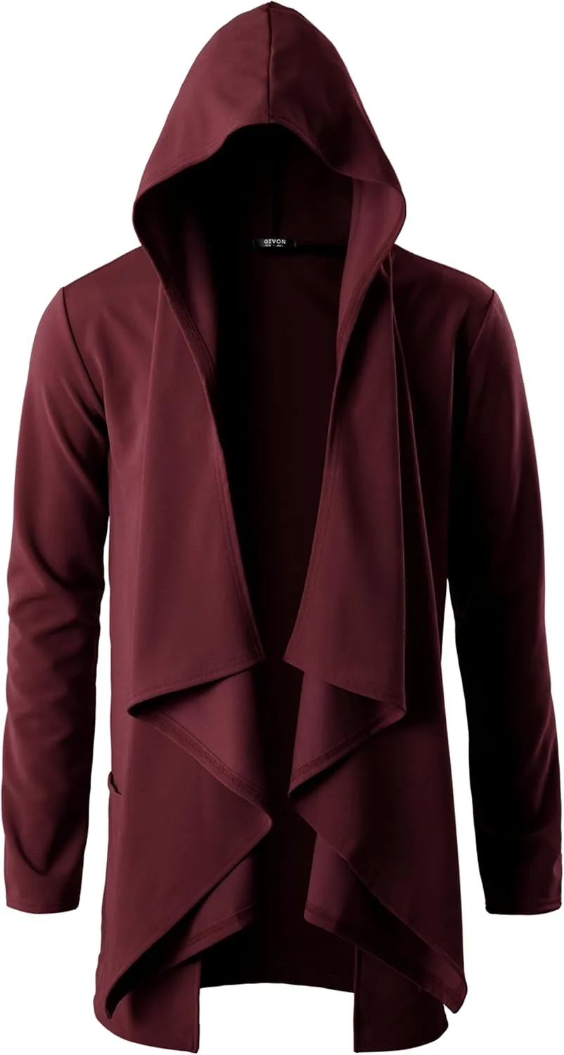 GIVON Men's Ruffle Shawl Collar Hooded Cardigan Long Sleeve with Pockets