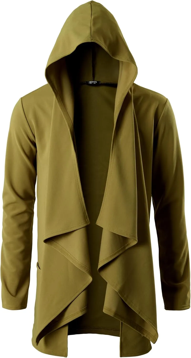 GIVON Men's Ruffle Shawl Collar Hooded Cardigan Long Sleeve with Pockets
