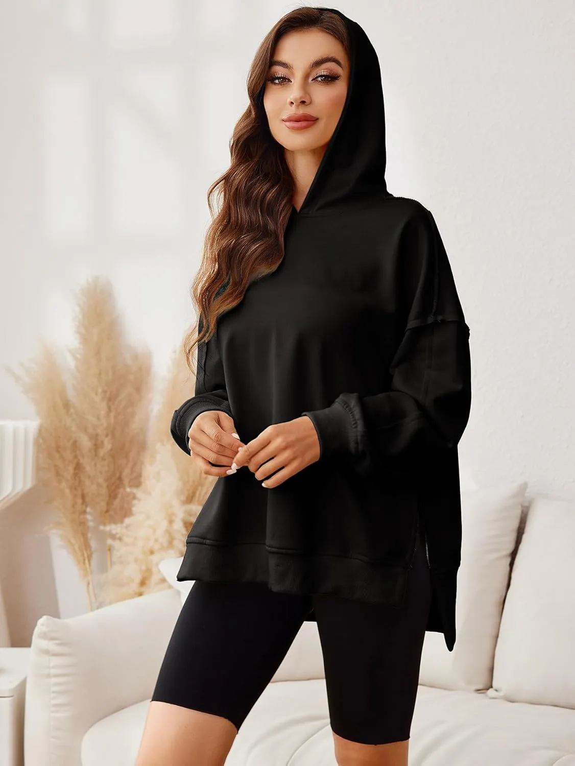 Glamaker Women's Oversized Hoodies Side Slit Zip Up Pullover Sweatshirt Casual Long Sleeve High Low Fall Clothes Top Shirts
