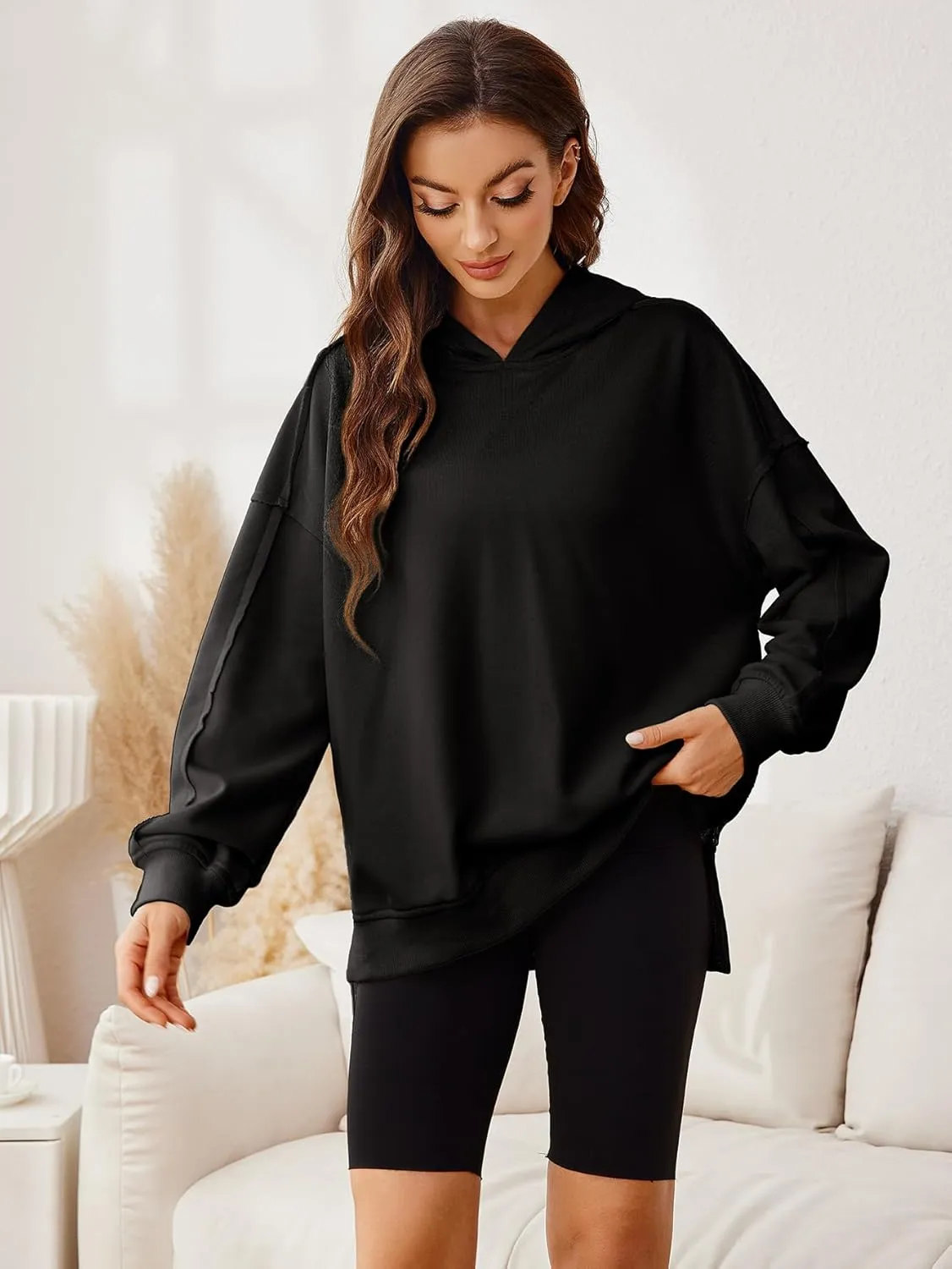 Glamaker Women's Oversized Hoodies Side Slit Zip Up Pullover Sweatshirt Casual Long Sleeve High Low Fall Clothes Top Shirts