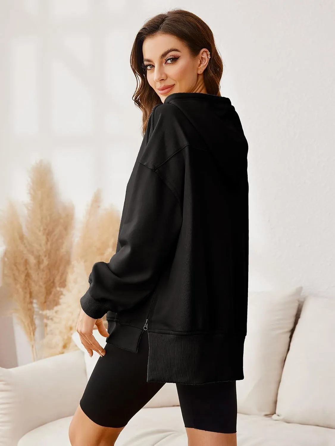 Glamaker Women's Oversized Hoodies Side Slit Zip Up Pullover Sweatshirt Casual Long Sleeve High Low Fall Clothes Top Shirts