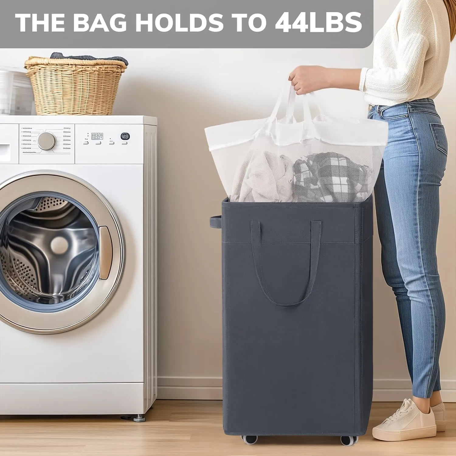 Goodpick Laundry Basket with Wheels, 75L Collapsible Laundry Hamper, Clothes Hamper with Removable Wash Bag for Laundry Room, Rolling Laundry Basket with Handles, Grey