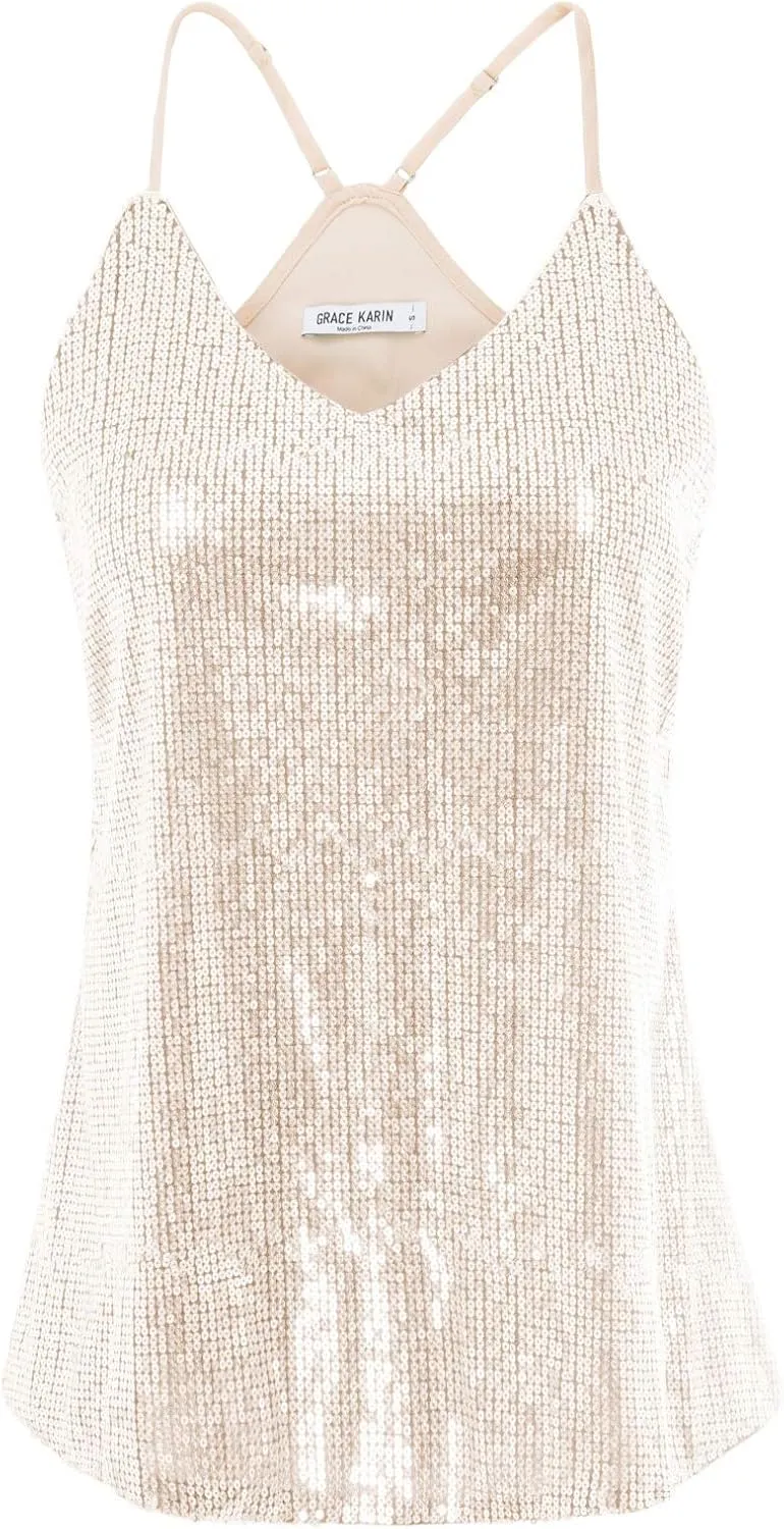 GRACE KARIN Women's Sleeveless Sparkle Shimmer Camisole Vest Sequin Tank Tops