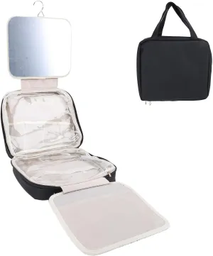 Hanging Hook Travel Toiletry Bag, Makeup Organizer Bag with Mirror for Women, Portable Hanging Toiletry Cosmetic Bag Train Case for Accessories Shampoo Toiletries (Black)