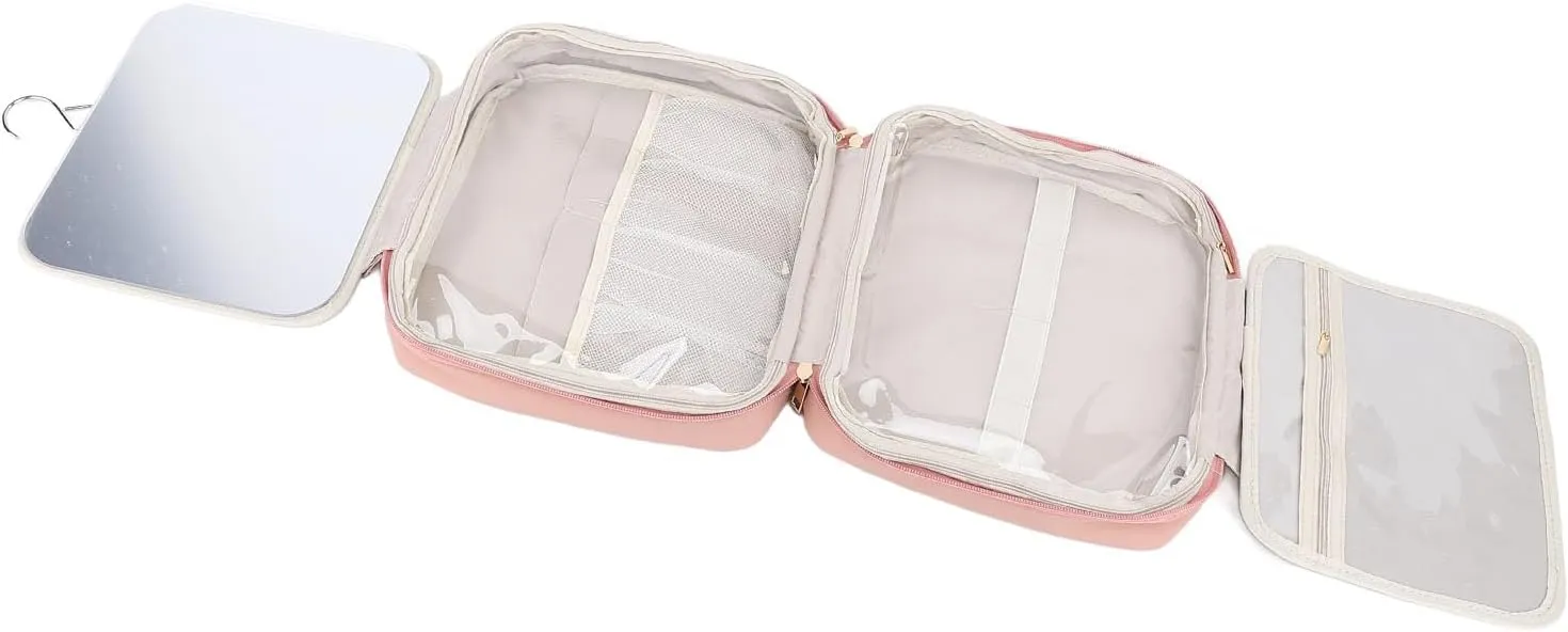 Hanging Hook Travel Toiletry Bag, Makeup Organizer Bag with Mirror for Women, Portable Hanging Toiletry Cosmetic Bag Train Case for Accessories Shampoo Toiletries (Pink)