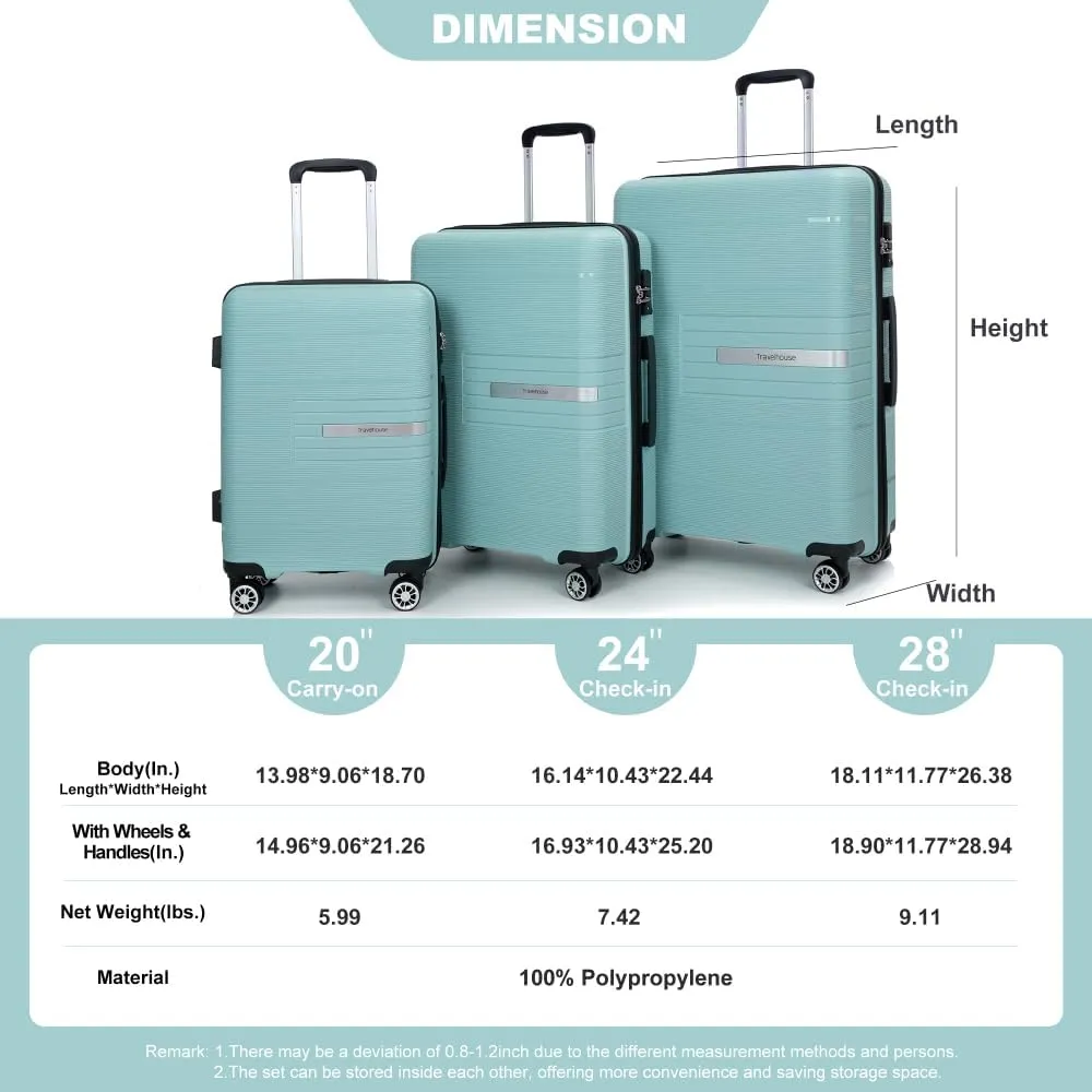Hardshell Suitcase Double Spinner Wheels PP Luggage Sets Lightweight Durable Suitcase with TSA Lock,3-Piece Set (20/24/28), Light Green