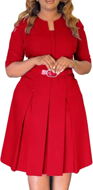 HuiSiFang Women's Work Blazer Dress Crewneck Dress Business Elegant Pleated Midi Dress with Belt