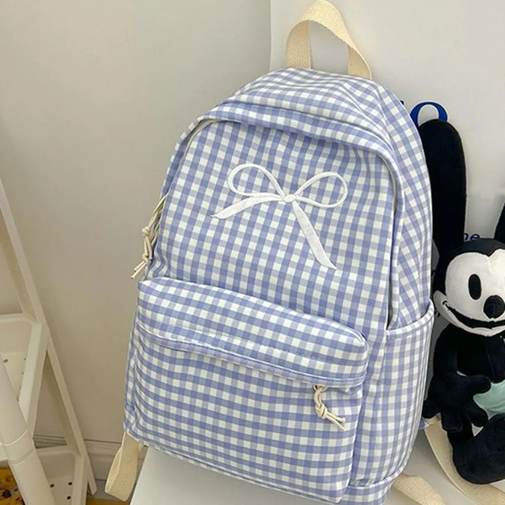 Japanese Style School Bag Large Capacity Bowknot Checkered Backpack for Women