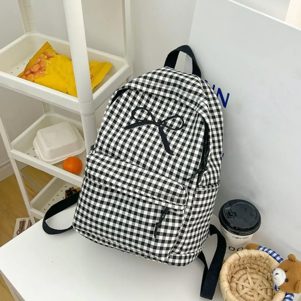 Japanese Style School Bag Large Capacity Bowknot Checkered Backpack for Women