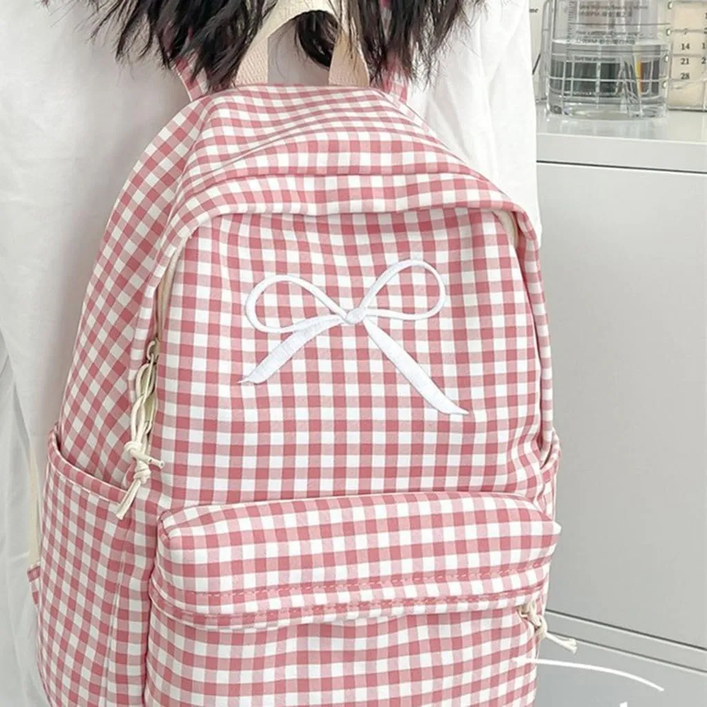 Japanese Style School Bag Large Capacity Bowknot Checkered Backpack for Women