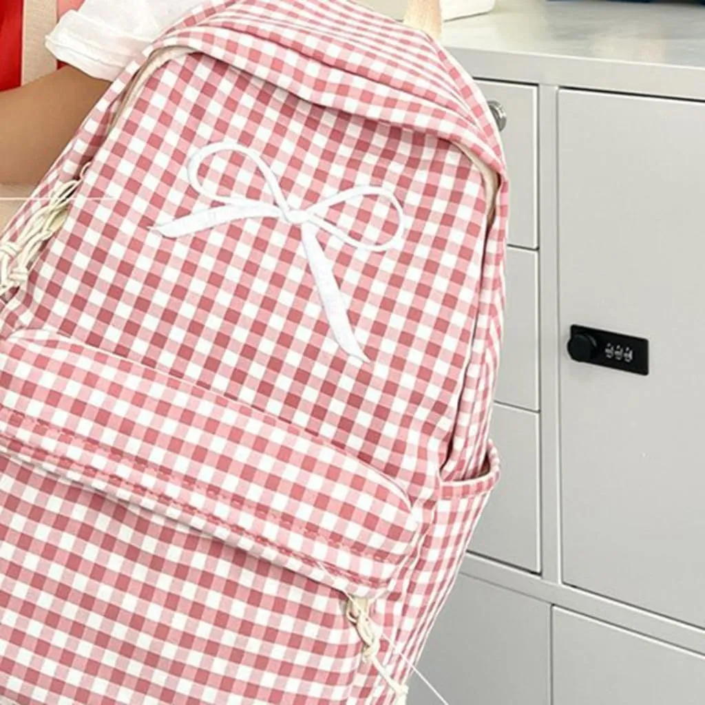 Japanese Style School Bag Large Capacity Bowknot Checkered Backpack for Women