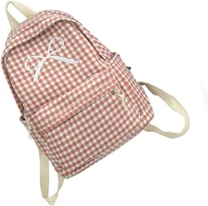 Japanese Style School Bag Large Capacity Bowknot Checkered Backpack for Women