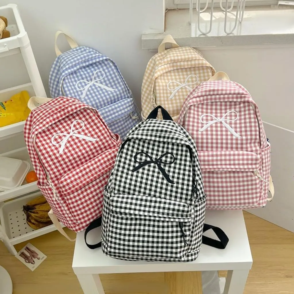 Japanese Style School Bag Large Capacity Bowknot Checkered Backpack for Women