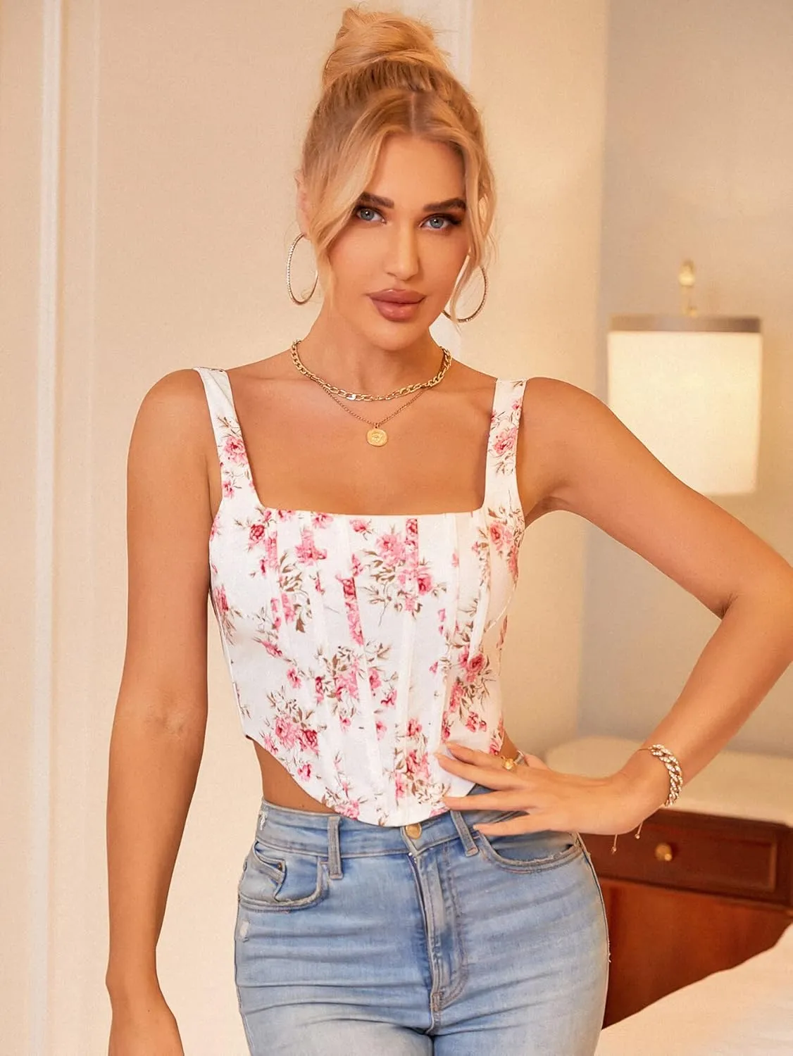 KUTUMAI Women's Summer Floral Corset Crop Top Strap Boned Bustier Cute Bodyshaper Trendy Going Out Tops