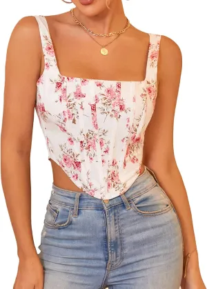 KUTUMAI Women's Summer Floral Corset Crop Top Strap Boned Bustier Cute Bodyshaper Trendy Going Out Tops