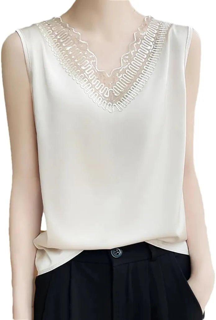 Lace Camisole Vest for Women's Pullover, V-Neck, Loose Fit, Oversized Silk Satin, Sleeveless Top