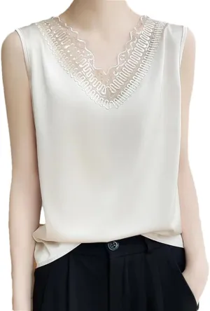 Lace Camisole Vest for Women's Pullover, V-Neck, Loose Fit, Oversized Silk Satin, Sleeveless Top