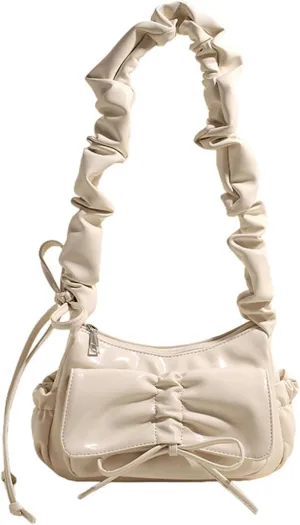 Ladies Elegant Pleated Satchel with Bowknot Aesthetic Moon Shaped Shoulder Bag Zippered Handbag Purse for Everyday Use