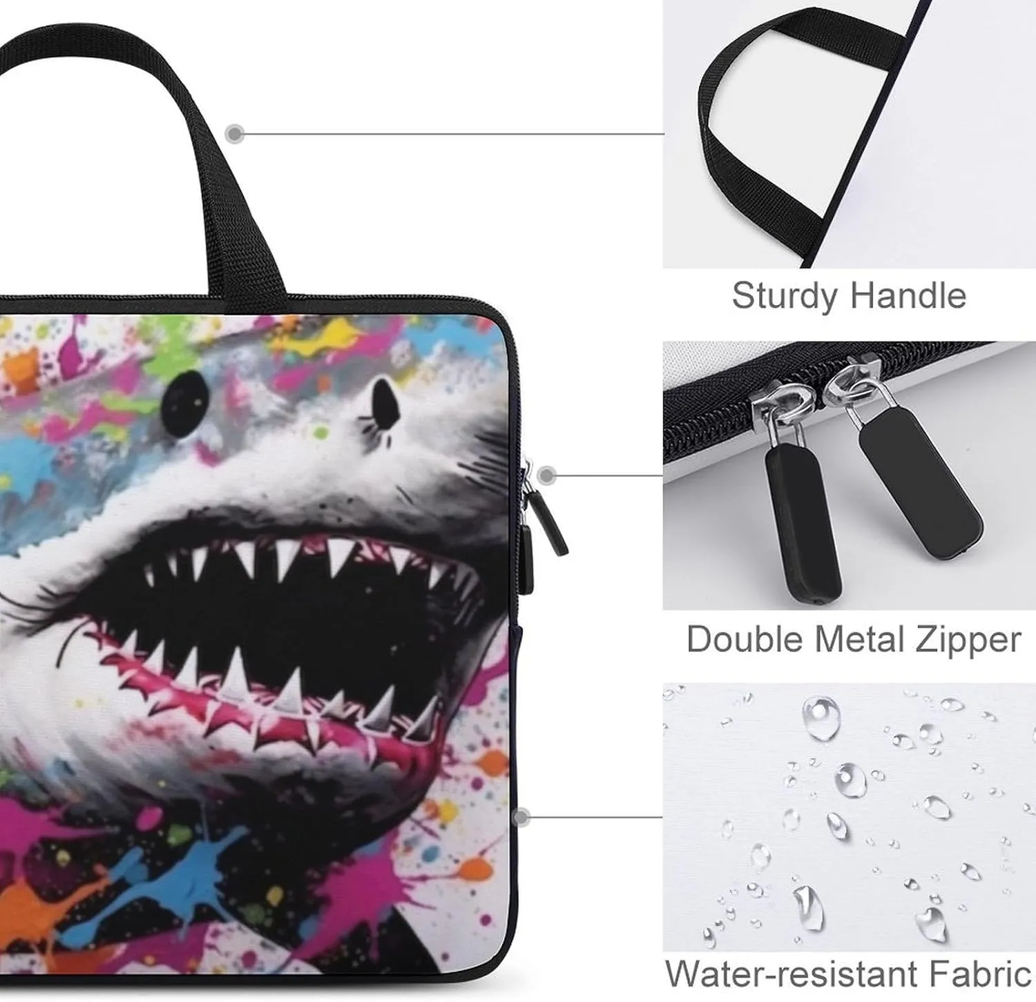 Laptop Bag Big Graffitied Shark Colorful Laptop Case Computer Notebook Briefcase Messenger Bag with Adjustable Shoulder Strap 15.6 Inch