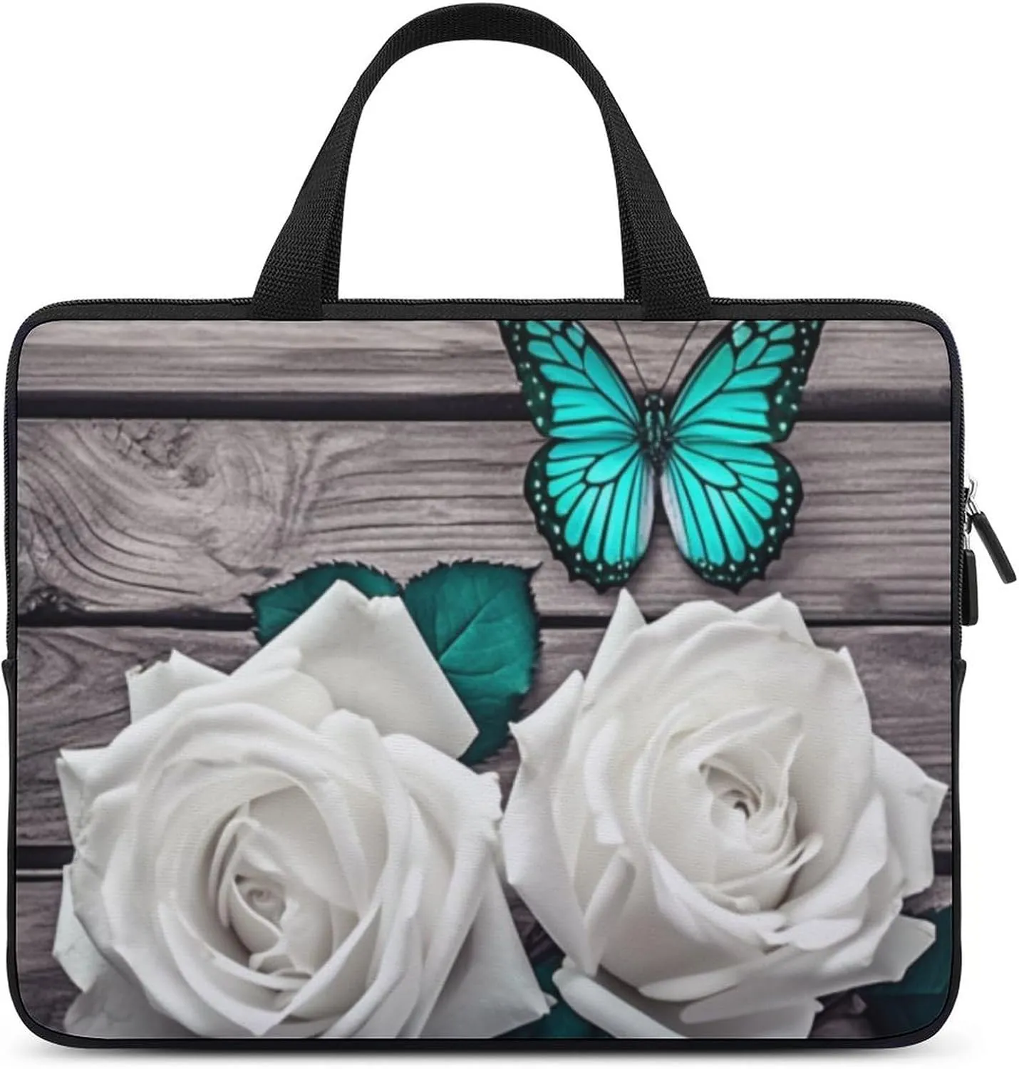 Laptop Bag Gray Vintage Barnwood Teal White Rose Flower Abstract Laptop Case Computer Notebook Briefcase Messenger Bag with Adjustable Shoulder Strap 15.6 Inch