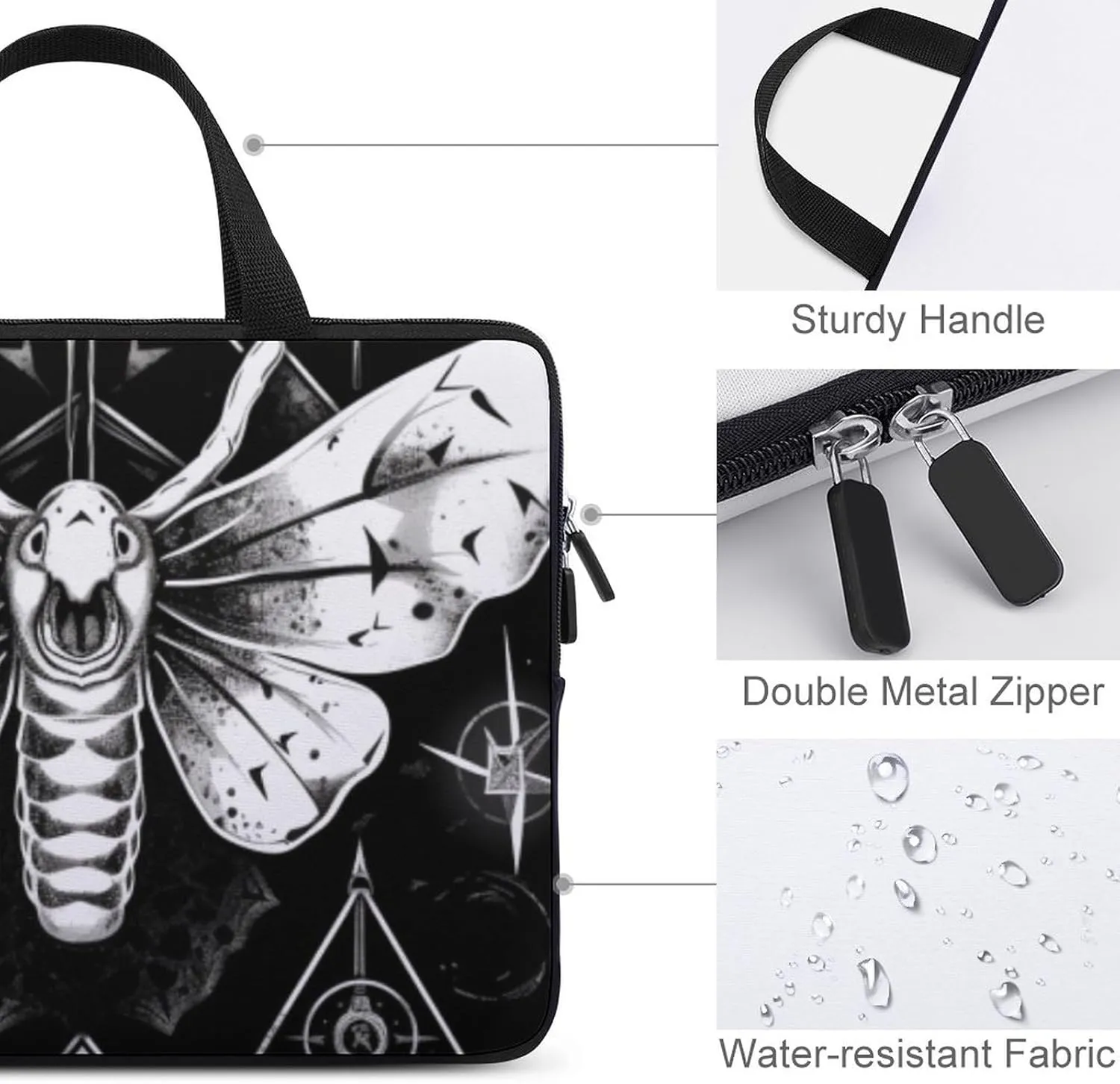 Laptop Bag Moth Black Skulls Laptop Case Computer Notebook Briefcase Messenger Bag with Adjustable Shoulder Strap 15.6 Inch