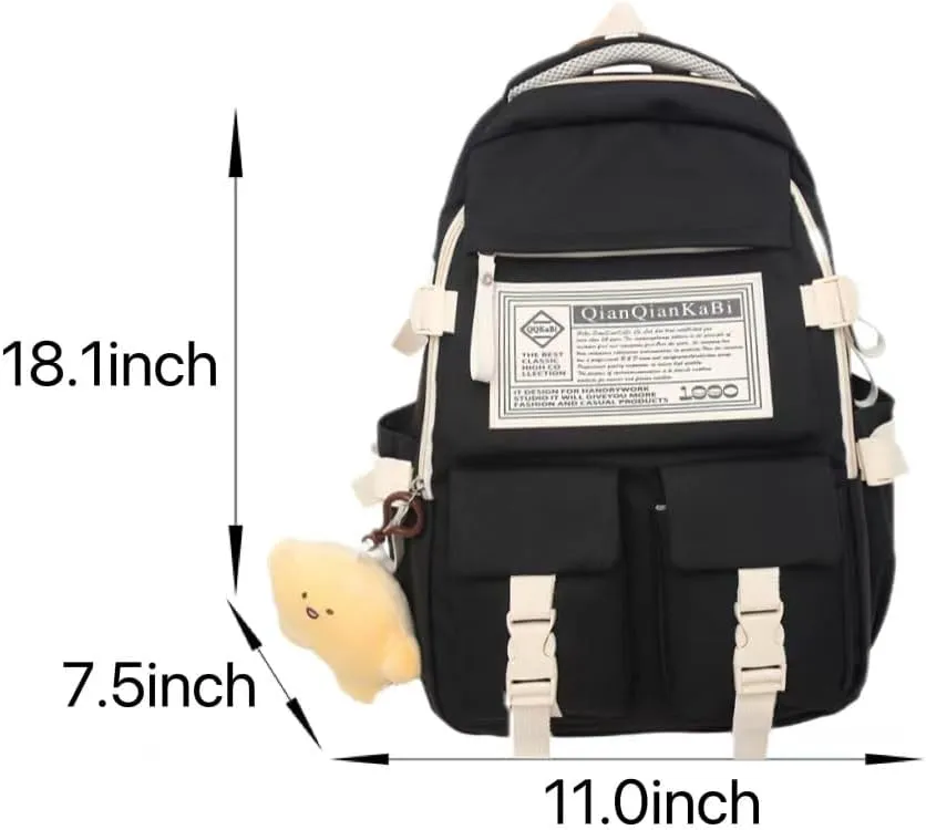 Large Preppy Backpack with Cute Pendant Korean Aesthetic College Backpack Kawaii Japanese Light Academia Laptop Bag (Black,One Size)