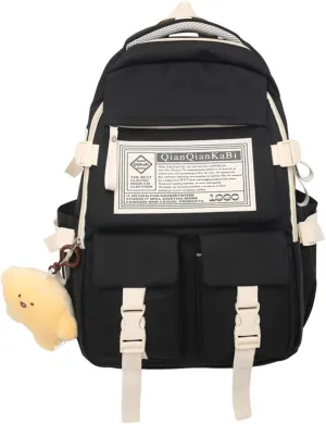 Large Preppy Backpack with Cute Pendant Korean Aesthetic College Backpack Kawaii Japanese Light Academia Laptop Bag (Black,One Size)