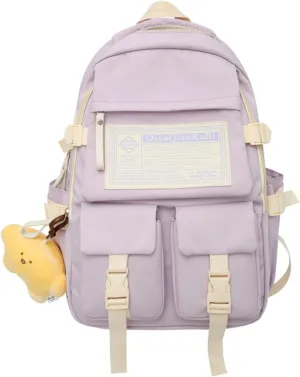Large Preppy Backpack with Cute Pendant Korean Aesthetic College Backpack Kawaii Japanese Light Academia Laptop Bag (Purple,One Size)
