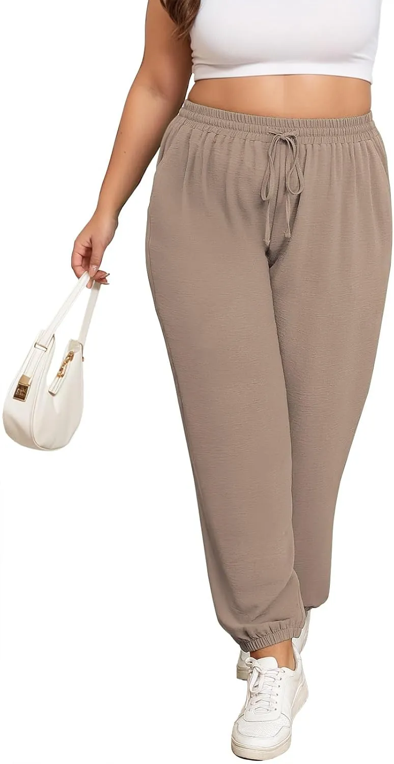 Lastshe Womens Plus Size Casual Pants High Waisted Adjustable Drawstring Summer Jogger Pants Lounge Trousers with Pockets