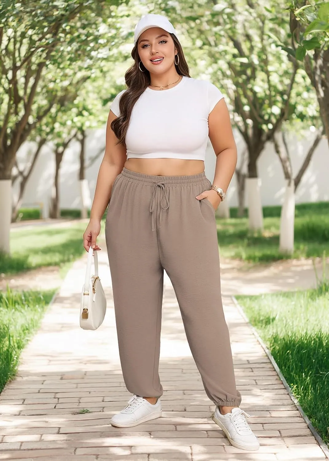 Lastshe Womens Plus Size Casual Pants High Waisted Adjustable Drawstring Summer Jogger Pants Lounge Trousers with Pockets